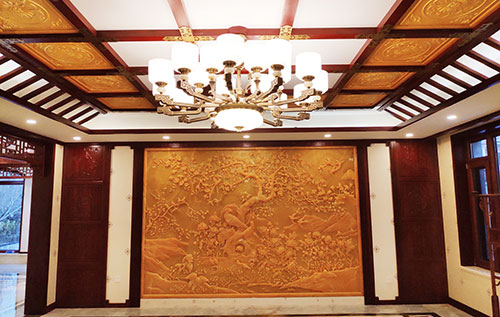 恩平中式别墅客厅中式木作横梁吊顶装饰展示